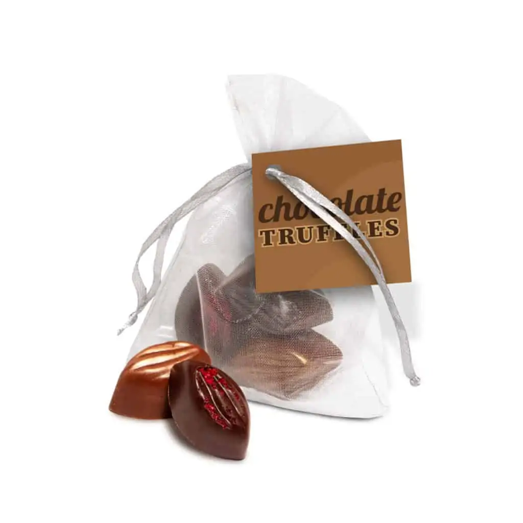 Organza bag filled with cocoa bean truffles