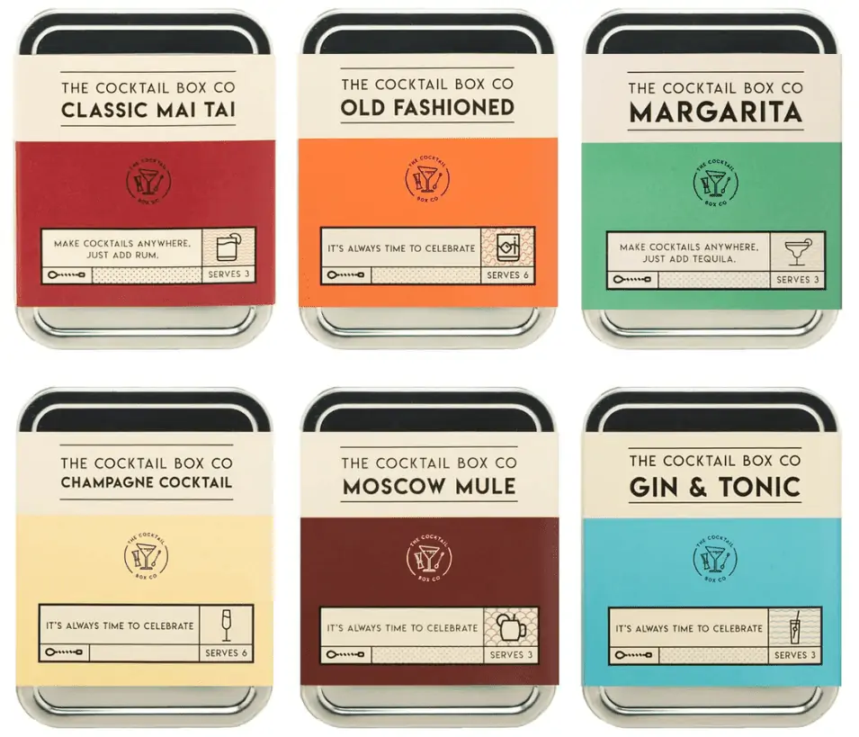 Cocktail Kits. Includes: The Old Fashioned, Champagne, Moscow Mule, Gin & Tonic, Mai Tai and Margarita.