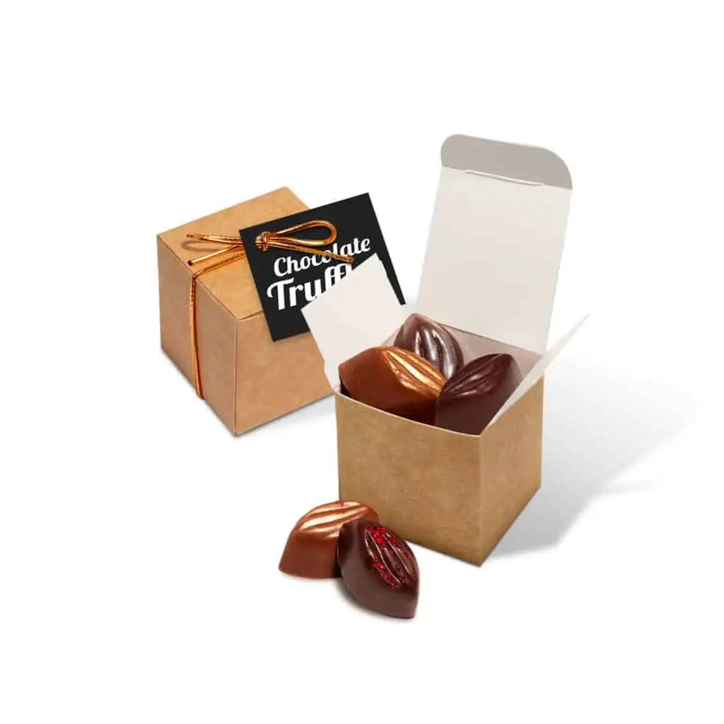 Cocoa Bean Truffles presented in a cardboard box cube