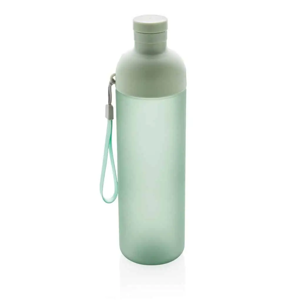 Tall green water bottle with green strap and round body/cap
